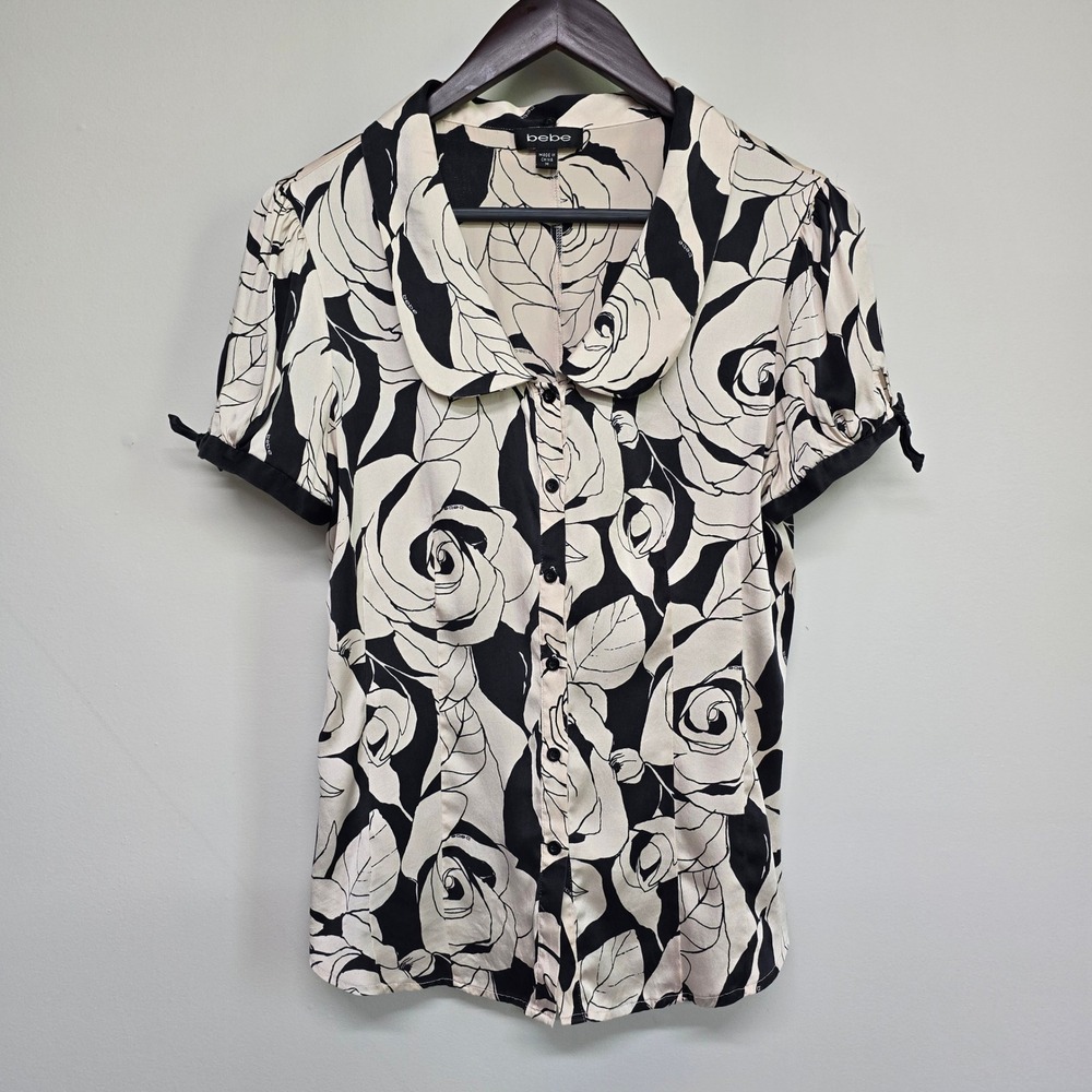 bebe Floral Blouse Womens Medium Black White Rose‎ Silk Y2K Coquette